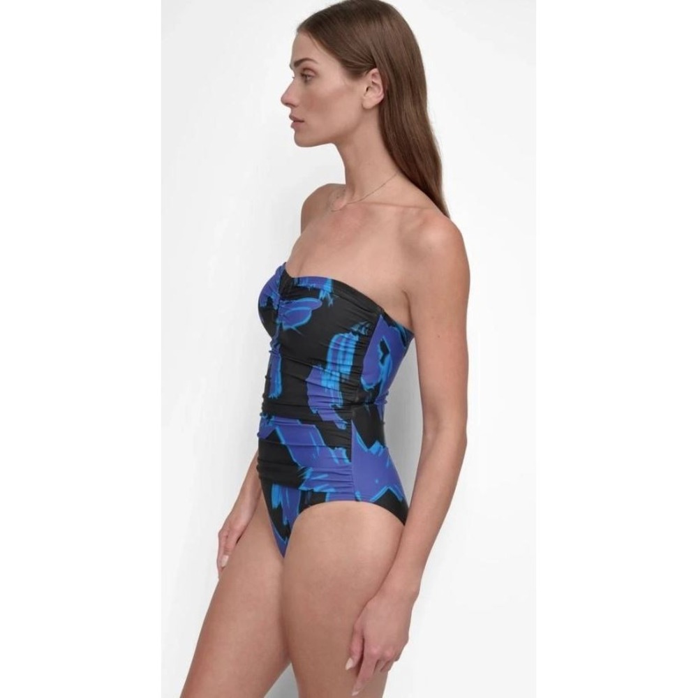 DKNY Women's U-Wire Bandeau Shirred One-Piece Swimsuit Brush Stroke Blue Small - Picture 3 of 11